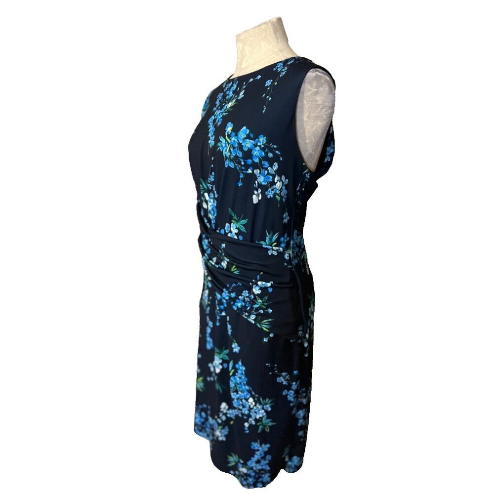 T Tahari Dress 10 Blue Floral Sleeveless Stretch Sheath Career Church Washable - Picture 9 of 9